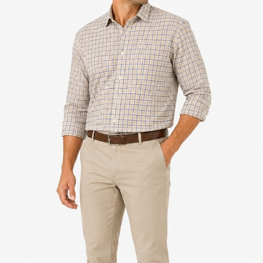 Joseph Abboud Dress Shirt Men 17.5 32/33 Tan Blue Plaid Career Casual Non-Iron
